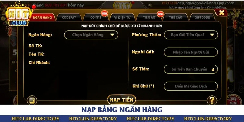 Nạp tiền vào tài khoản game bài bằng ngân hàng là phương thức phổ biến nhất